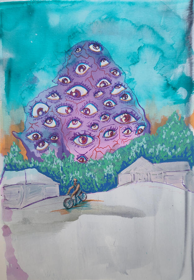 Cul-de-sac, Watercolor & Acrylic Marker, 12"x14" paper, 2024